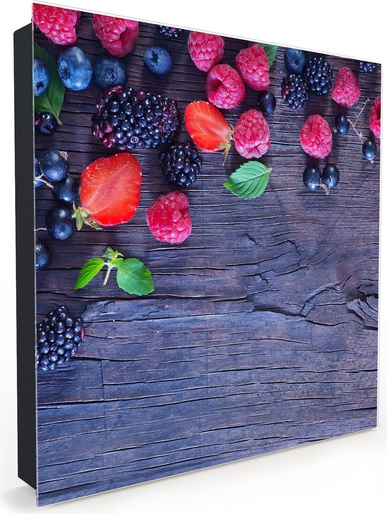 Nachbildung-Schlüsselkasten, Magnetpinnwand und Memoboard mit Glasfront Motiv Frische Beeren auf Holz