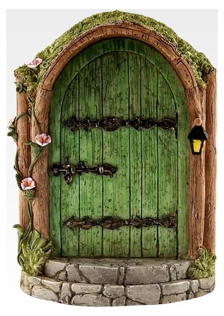 Grüne Feentür aus Holz – Miniatur-Feengarten-Zubehör – Gartenskulptur für den Außenbereich
