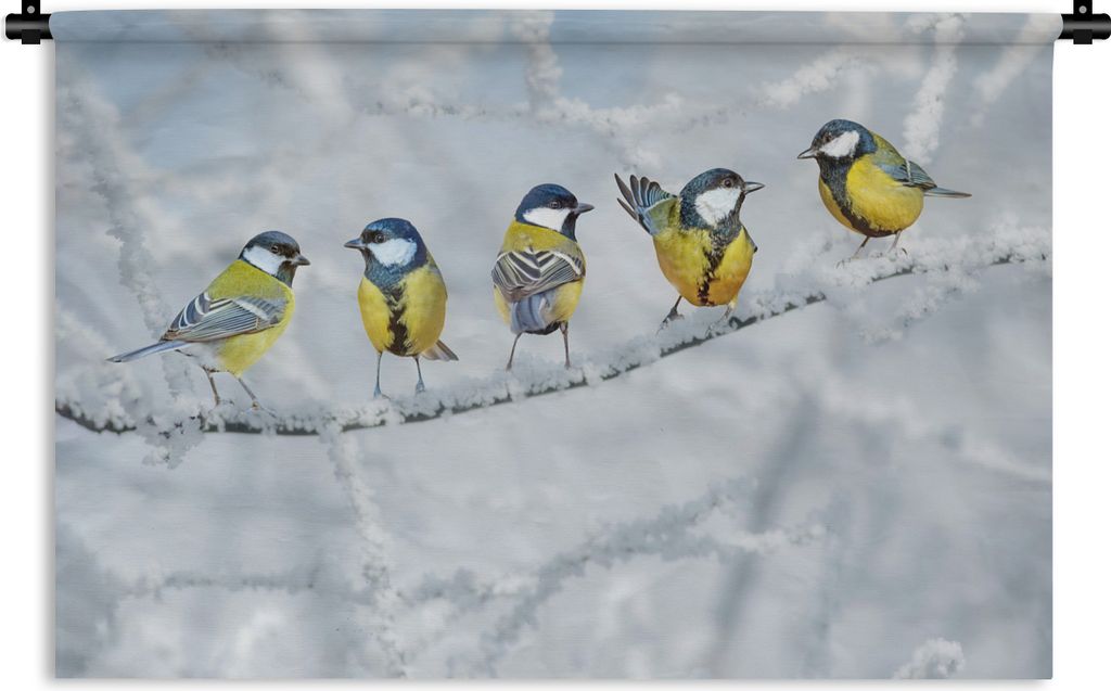 MuchoWow Wandteppich Wandbehang Vogel - Kohlmeise - Winter - Schnee - Zweige 90x60 cm Tapisserie Dekoration Wandtuch - Wandskulpturen - Bildteppich