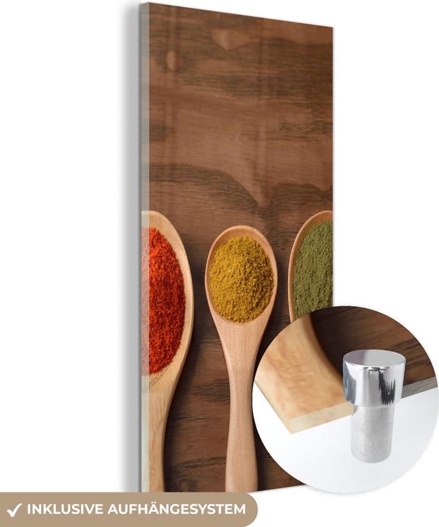 MuchoWow Glasbilder - Bilder auf Wandbild - Foto auf Glas Schöpfkelle - Kräuter - Lebensmittel - Gewürze - Tisch 40x80 cm Wanddekoration aus Gla...