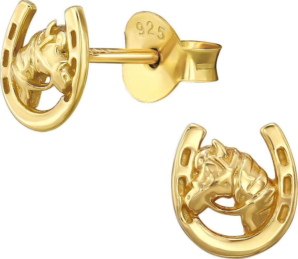 Ohrringe Ohrstecker 925 Sterling Silber vergoldet Hufeisen mit Pferdekopf Material - Silber vergoldet