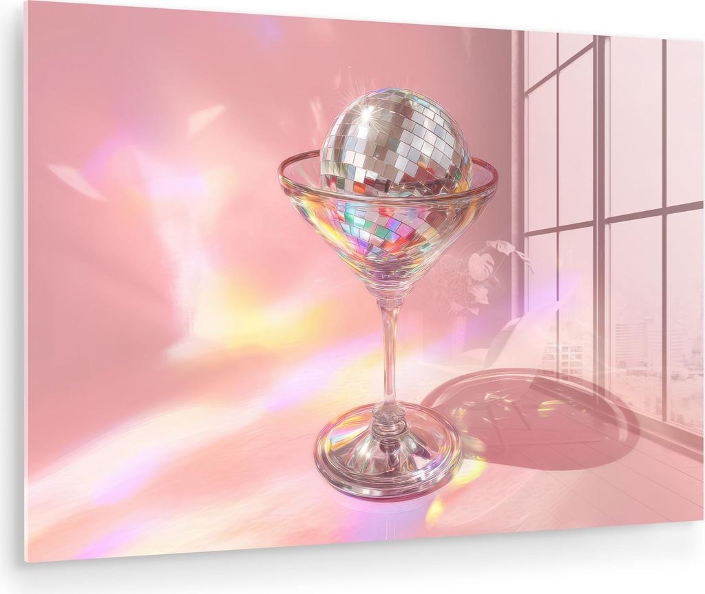 MuchoWow Glasbilder - Bilder auf Wandbild - Foto auf Glas Martini Glas - Discokugel - Funkelnde Lichtpunkte 30x20 cm Wanddekoration aus Glas - Acry...
