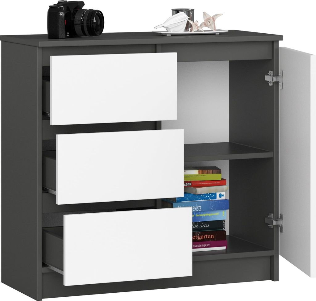 BDW, Kommode, 3 Schubladen, 1 Tür, Schrank, Sideboard, Grau / Weiss