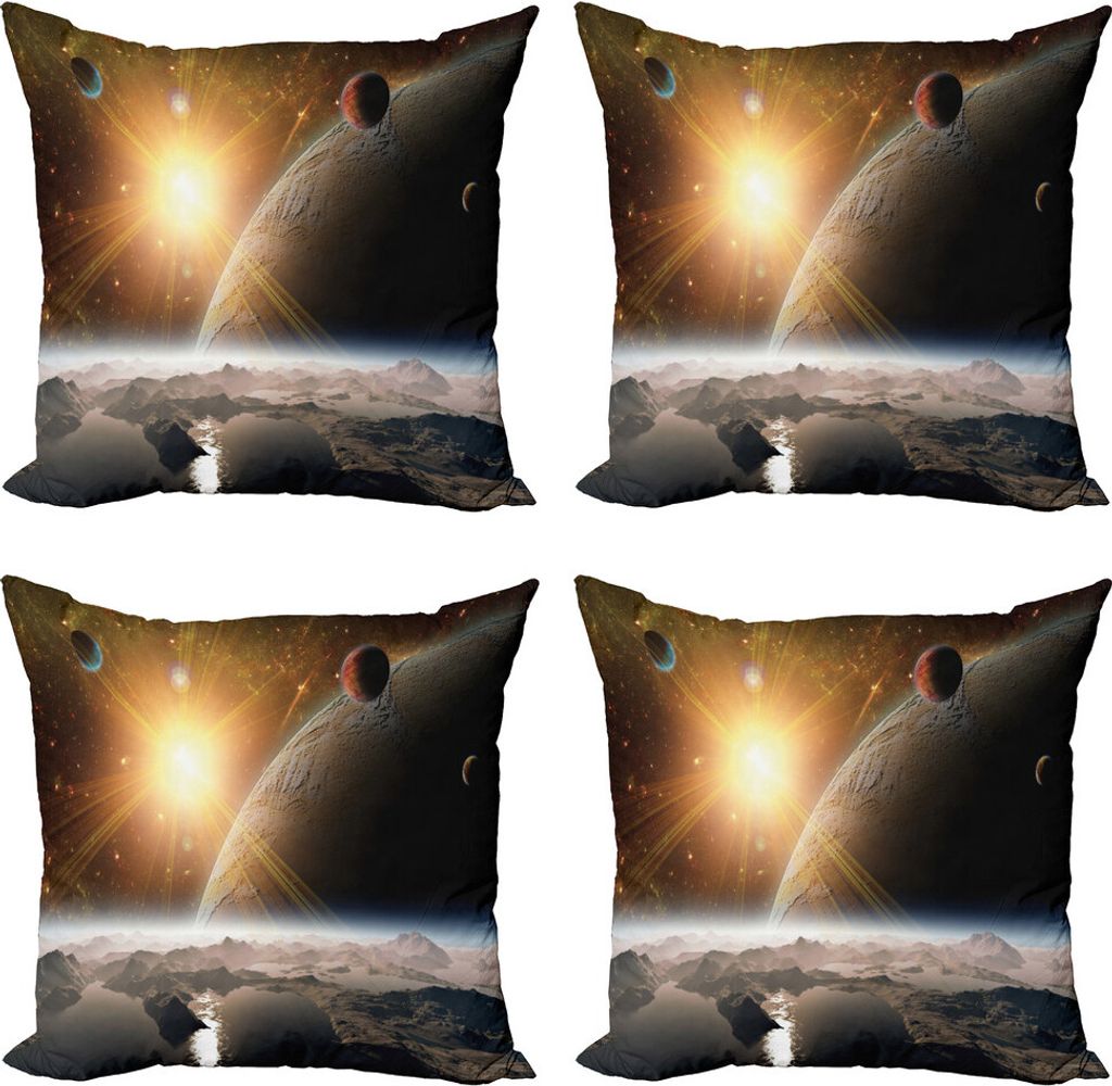ABAKUHAUS Weltraum Kissenbezug Set (4 Stück), Mond-Universum-Erde, Moderner Doppelseitiger Digitaldruck, 60 cm x 60 cm, Braun, Gelb, Weiß