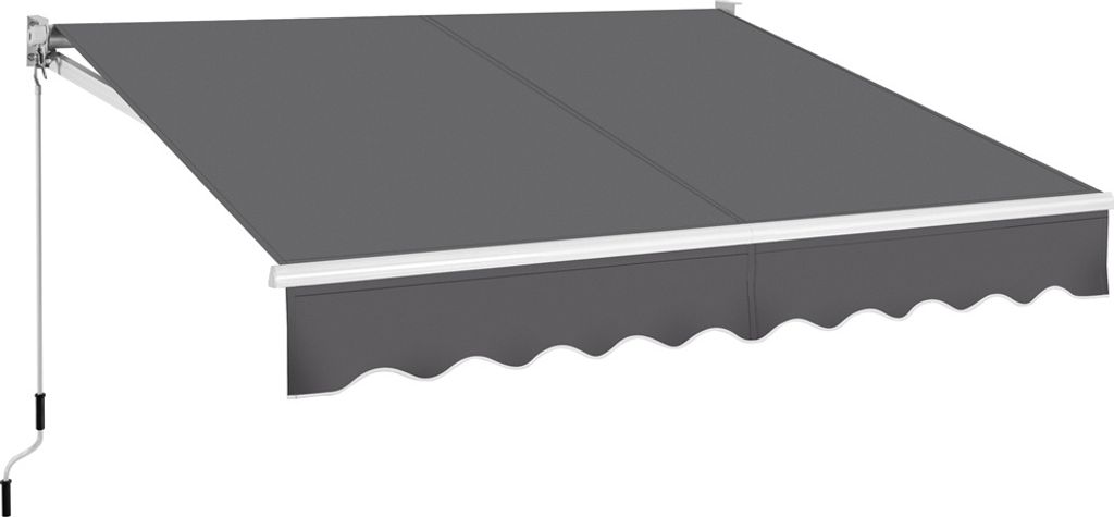 A gray retractable awning with a scalloped valance and a hand crank mechanism.