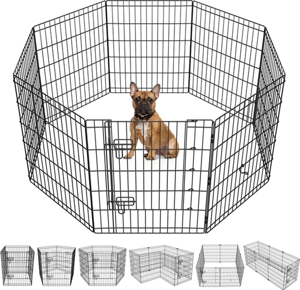 A French Bulldog sits inside a black wire dog playpen. Below the playpen are several smaller wireframe diagrams of different configurations of the playpen.