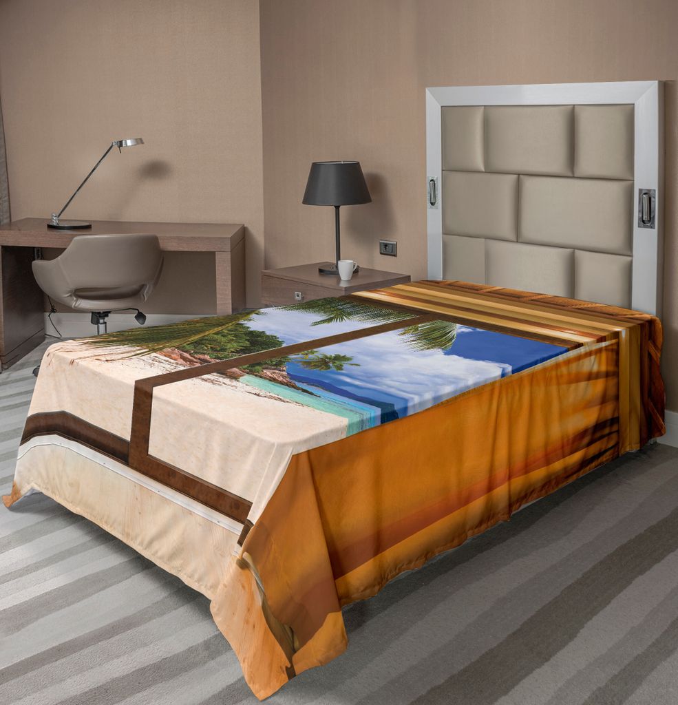 ABAKUHAUS Strand Bettlaken, Tropical Exotic Küste Blick vom Fenster mit Gardinen Summer Island Ozean Bild, weiches bequemes oberes Bettlaken für ...