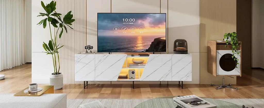 Banc TV blanc avec plateau effet marbre et 4 grands compartiments - 4