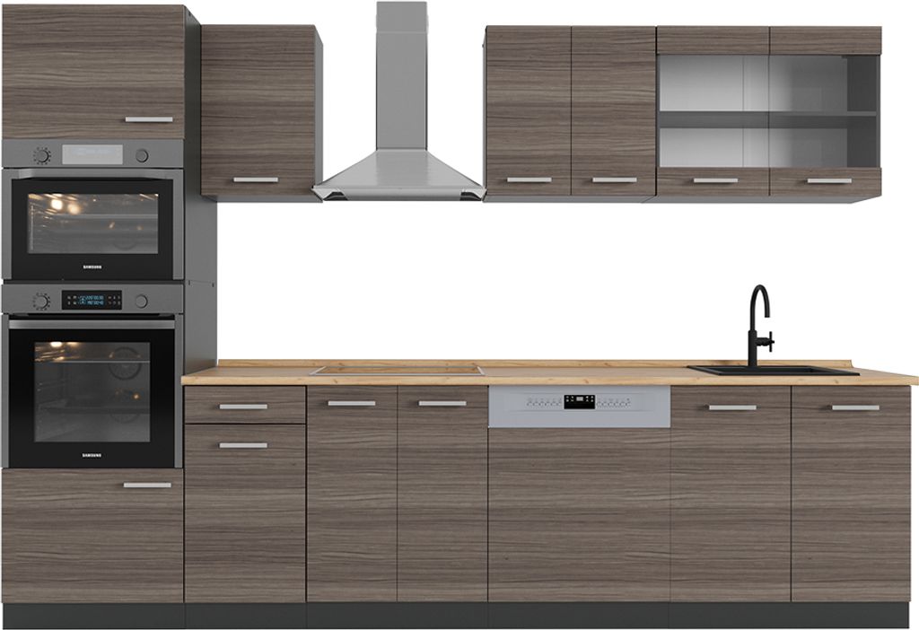 Vicco Küchenzeile R-Line, 300 cm mit Hochschrank, ohne Arbeitsplatte, Edelgrau/Anthrazit
