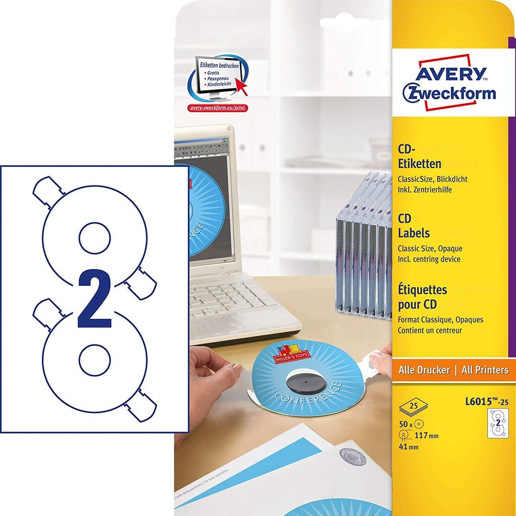 Etiquettes Avery Zweckform CD 117/41mm, A4, mat, blanc, 2 Image du produit 