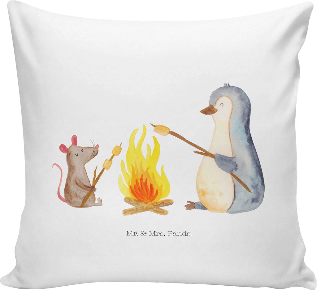Mr. & Mrs. Panda Deko Kissen Pinguin Lagerfeuer - Weiß - Geschenk, Kuschelkissen, Dekokissen, Grillen, Feuer, für sofa, Polster, 40x40, Liebe, Ma...