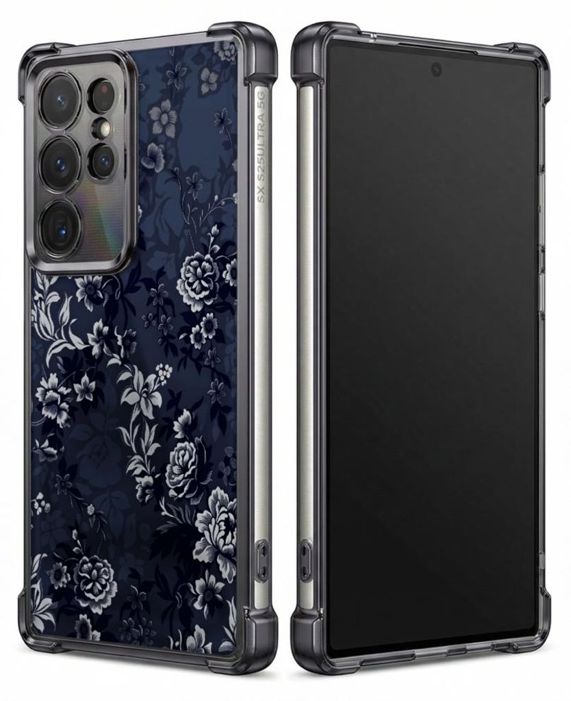 Personalisierte Hülle mit Bild für Samsung Galaxy S25 Edge Elektroplattiert TPU Stoßdämpfer Handyhülle mit Dunkelblauer Blumenmusterdruck