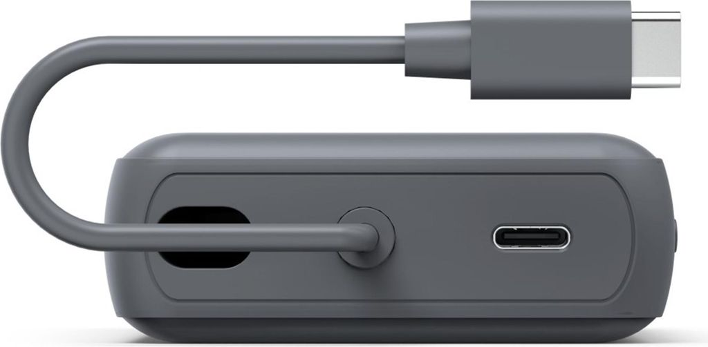 A side view of a gray power bank with a USB-C cable attached.