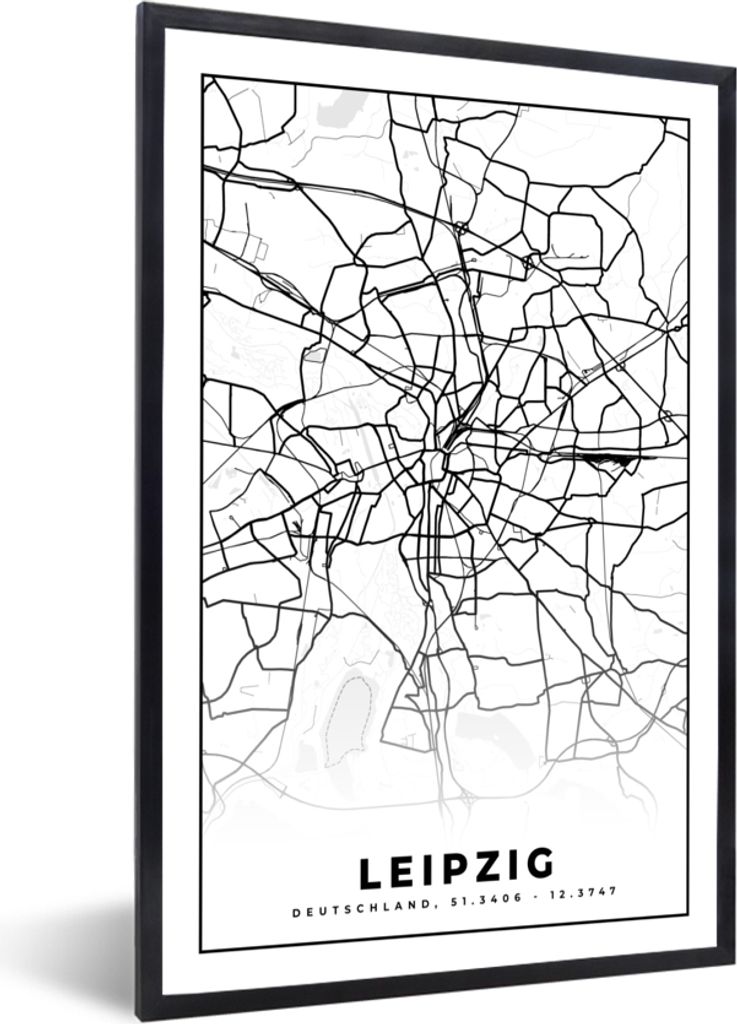 MuchoWow Gerahmtes Poster Leipzig - Karte - Stadtplan 60x90 cm - Poster mit Schwarzem Bilderrahmen Wandposter Rahmen Foto Bilder - Kunst