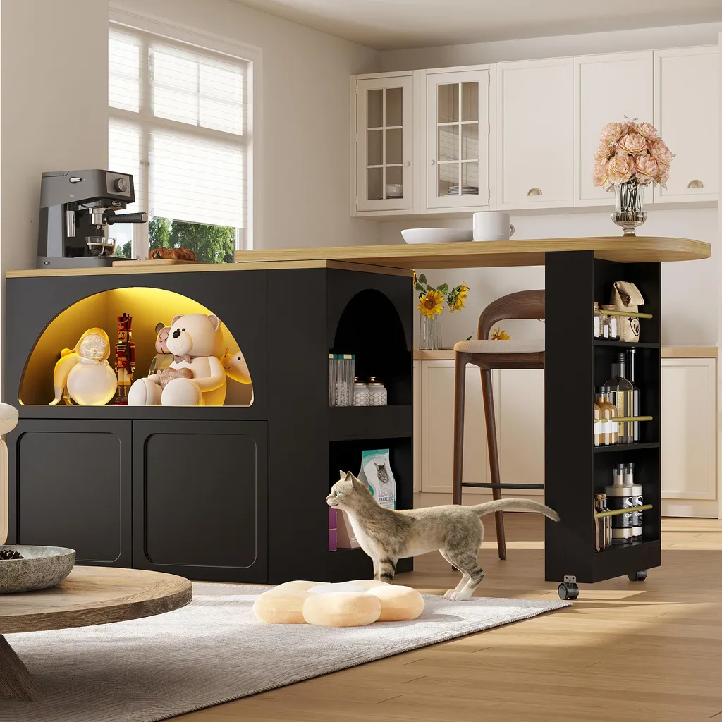 Comptoir de cuisine moderne extensible noir avec éclairage LED et USB - 2