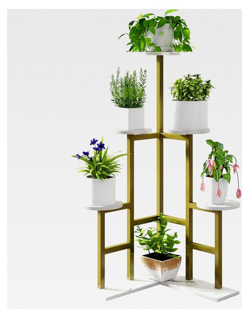 6-stöckiger Holz Pflanzenständer, 108 cm hoch, Blumenregal für mehrere Pflanzen, mehrstöckige Pflanzentreppe für Innen, Balkon und Garten, Gold