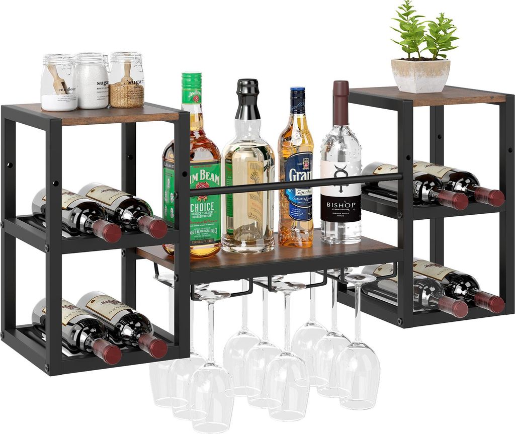 A wine rack with bottles and glasses on a white background.