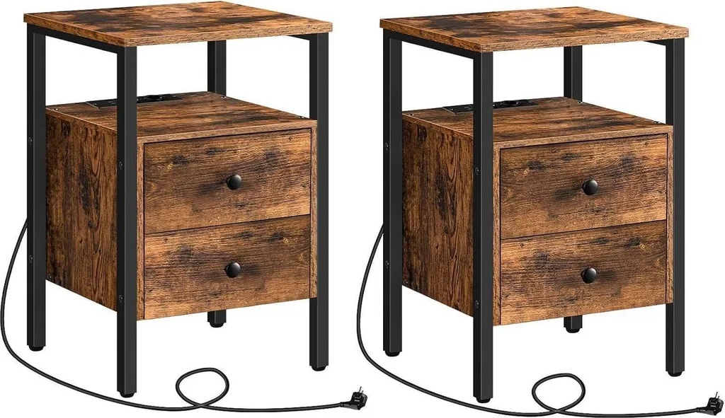 Meuble de Chevet Vintage avec Chargeur USB Lot de 2 Design Industriel