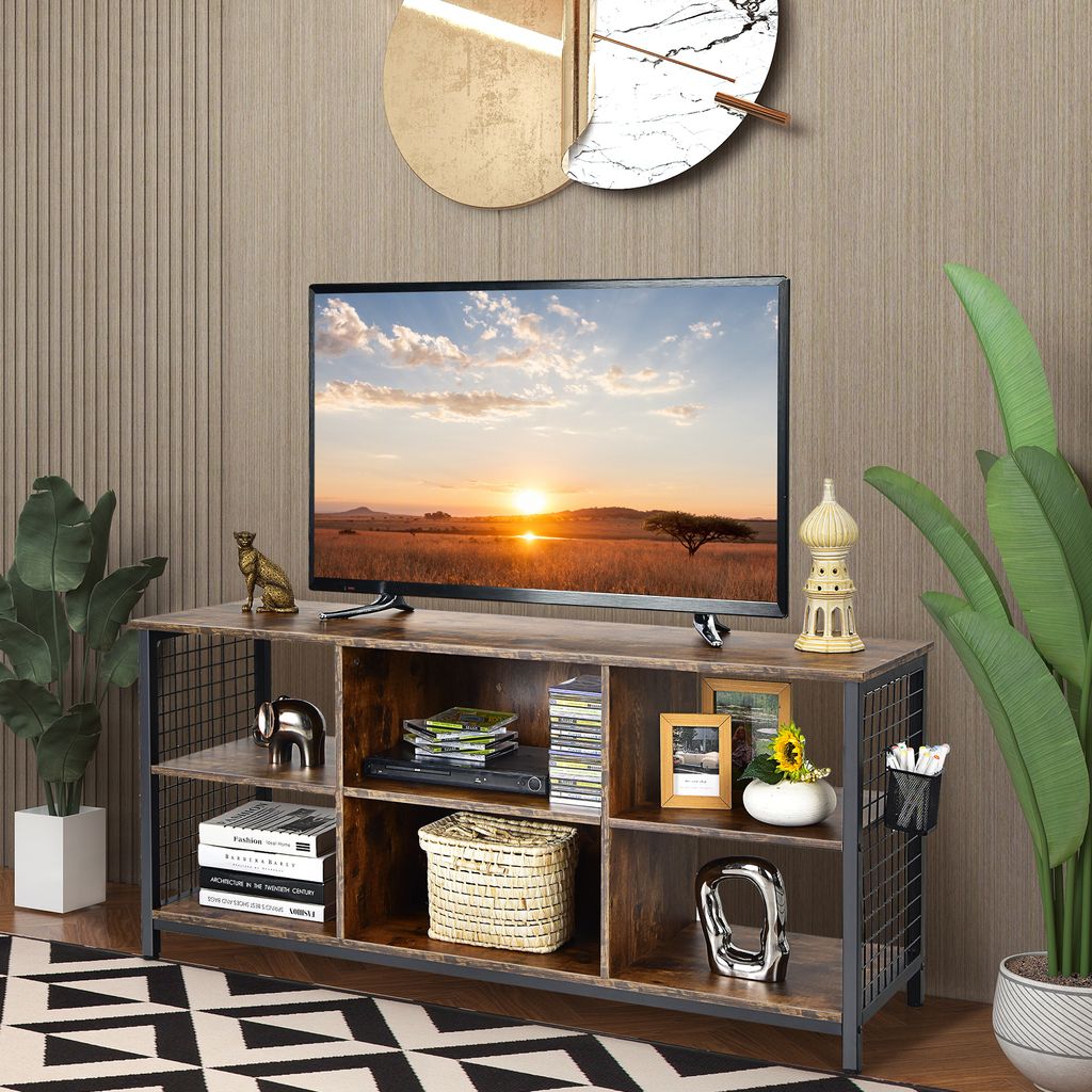 COSTWAY Industrieller TV-Ständer für Fernseher bis zu 65 Zoll, 3-stufiger Medienkonsolentisch mit Aufbewahrungskorb, TV-Schrank aus Holz mit 2 Ka...