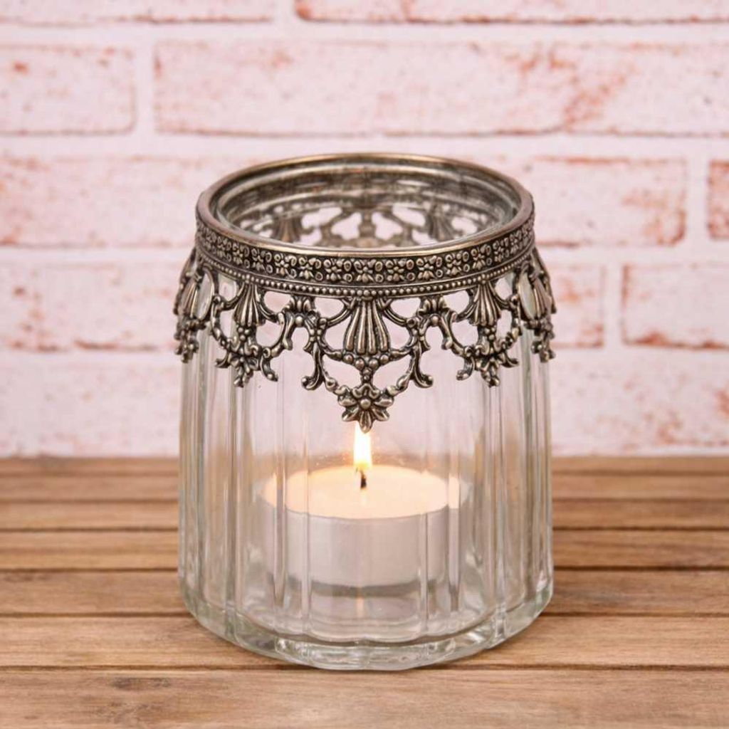 AltoBelli Teelichthalter AMALFI Glas mit Metall Verzierungen 10x12 Kerzenhalter