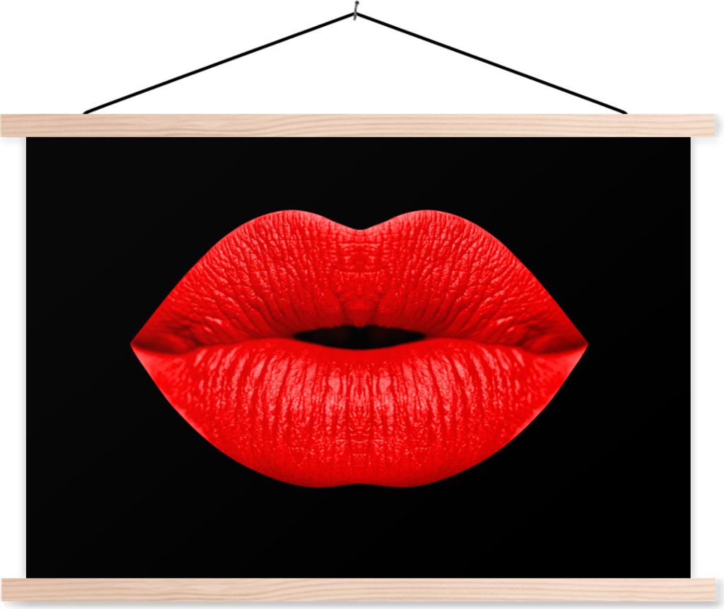 MuchoWow Textilposter Lippen - Rot - Schwarz 60x40 cm mit holzfarbenen Rahmen - Bilder