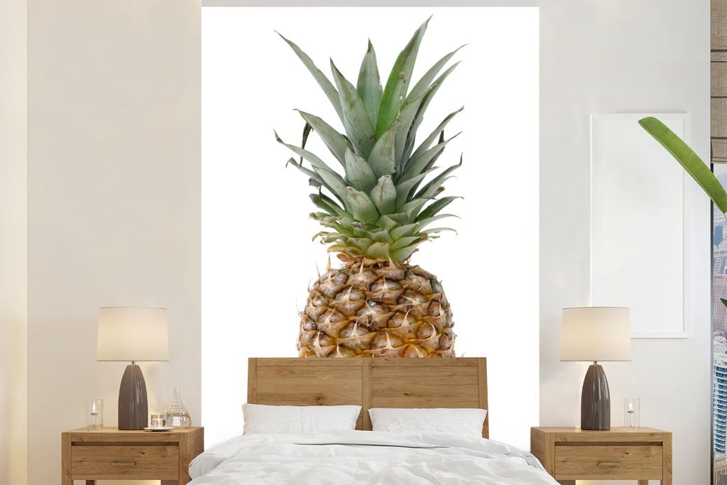 MuchoWow Fototapete für Wohnzimmer oder Schlafzimmer Wandtapete Vinyl Motivtapete Ananas - Obst - Weiß - 160x240 cm - Vinyltapete