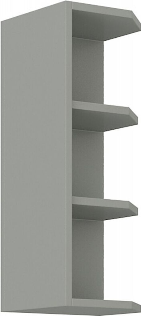 A close-up, three-quarter view of a gray corner cabinet with three shelves.