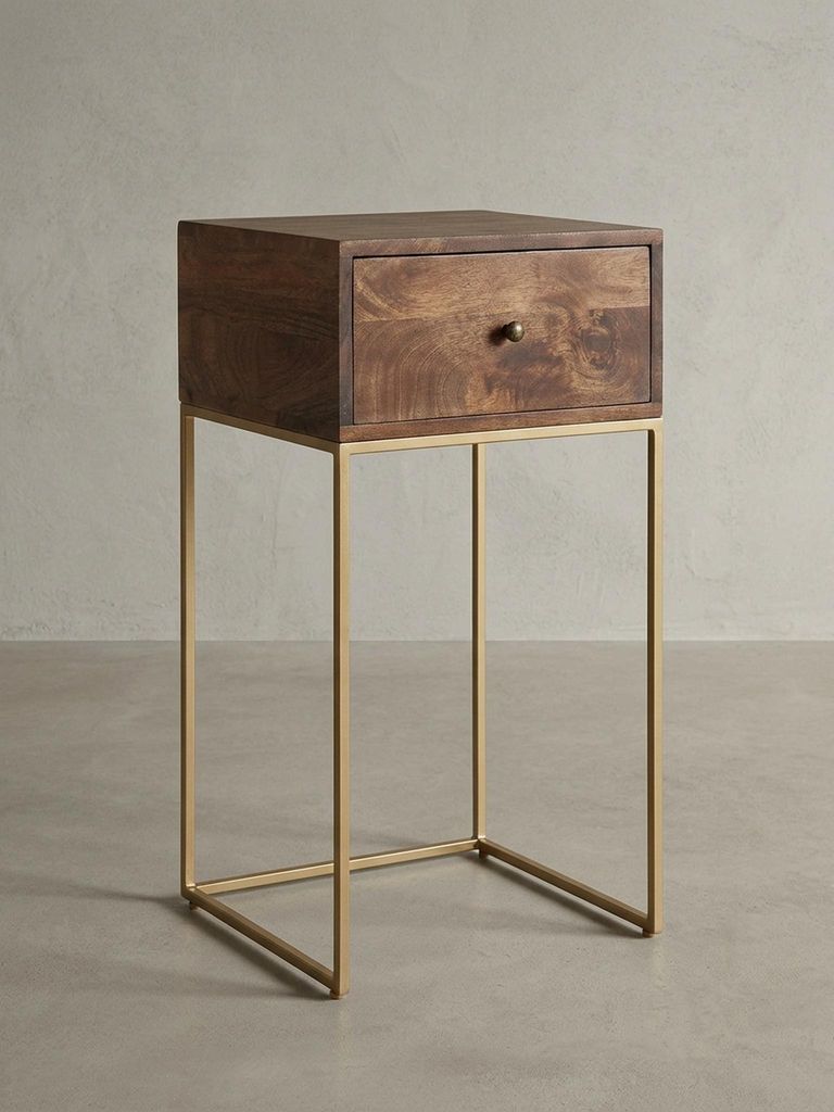 Nachttisch Mango Massivholz/Metall, Industrial-Stil, Boxspringbett-kompatibel, Geräumige Schublade. 40x35x75 cm | Kadima Design