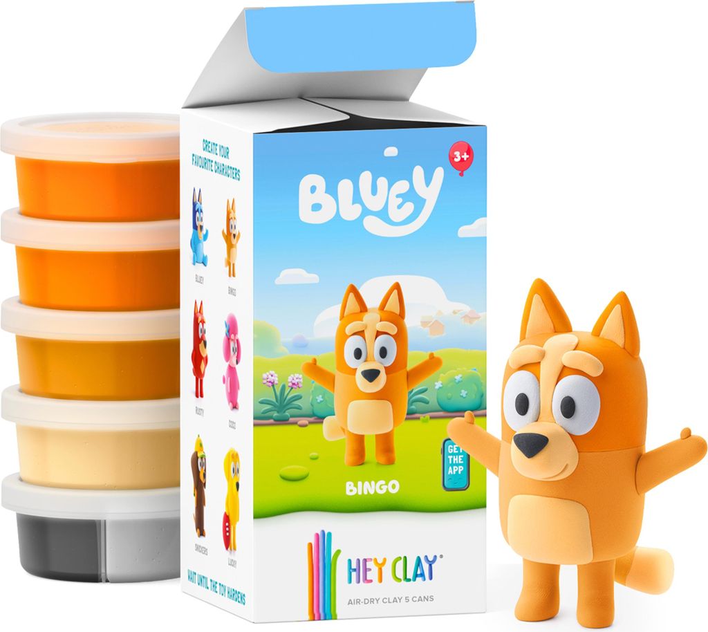 Hey Clay Bluey BINGO Knete für Kinder + Zubehör, Modelliermasse, Schaumknete 5 Farben 3+