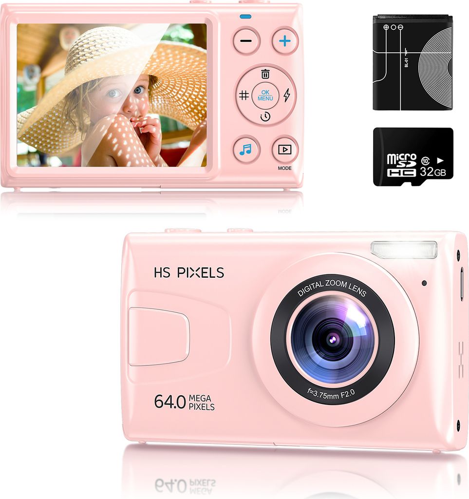 OKA Digitalkamera, Fotokamera, FHD 4K 64MP Kompaktkamera, mit 32G Karte, 18X Digitalzoom Kompaktkamera für Anfänger, Kinder, Junge Mädchen,Rosa