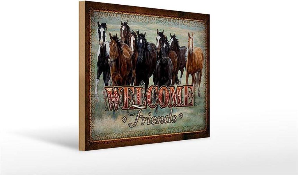 Holzschild Pferde Welcome Friends, 40 x 30 cm, Holzschilder Pferdefreund Pony