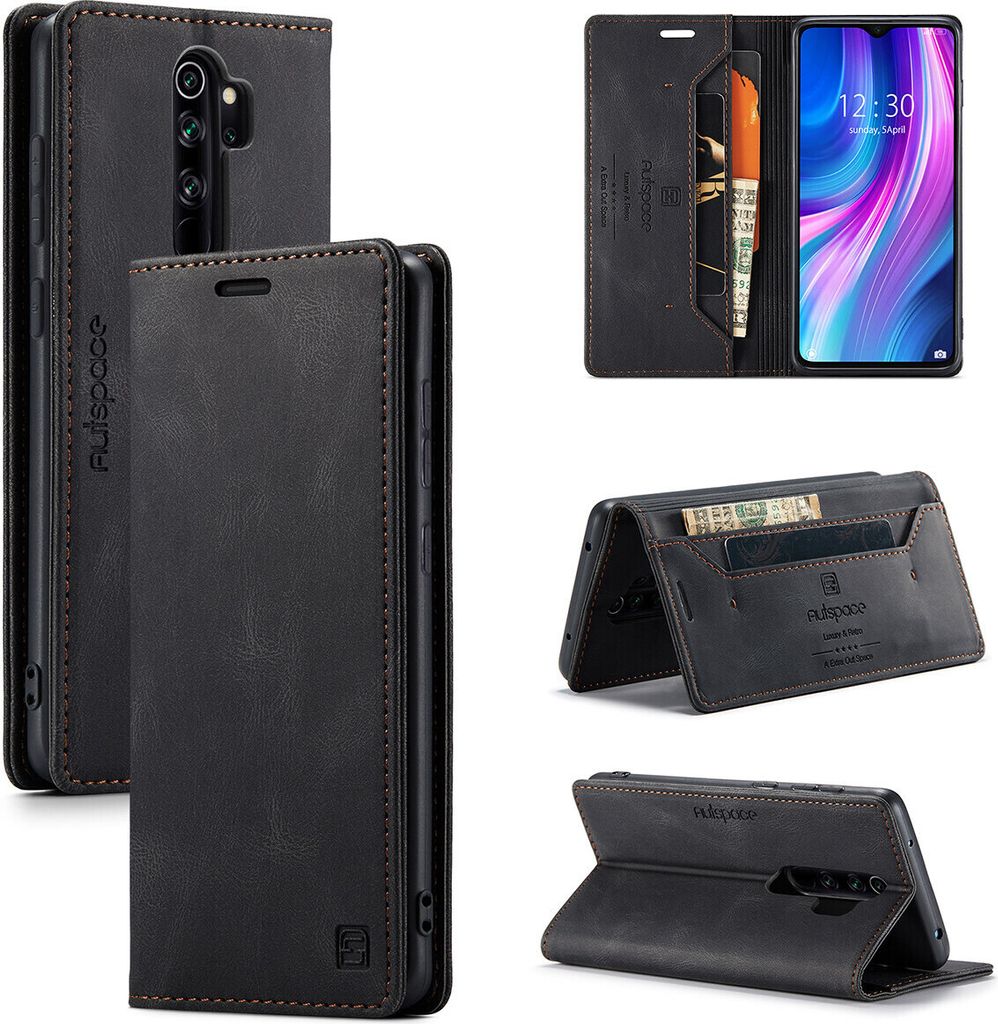 Collage of product images showing a black leather wallet-style phone case for a Redmi Note 8 Pro.