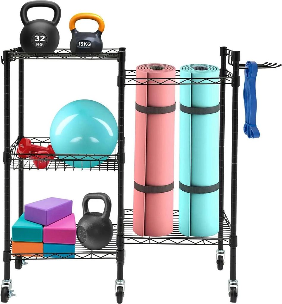Heimfitness Aufbewahrungsregal - Rollwagen - 6 Rollen - 4 Haken - 3 Ablagen - Drahtkörbe - Eisen - 91,5×30×82,5 cm
