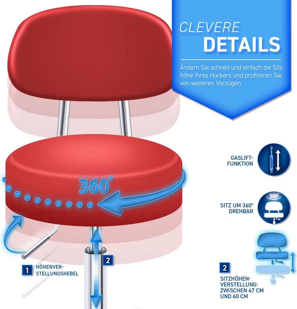TRESKO Roller Stool Červená s opierkou Pracovná stolička Obrázok produktu 5