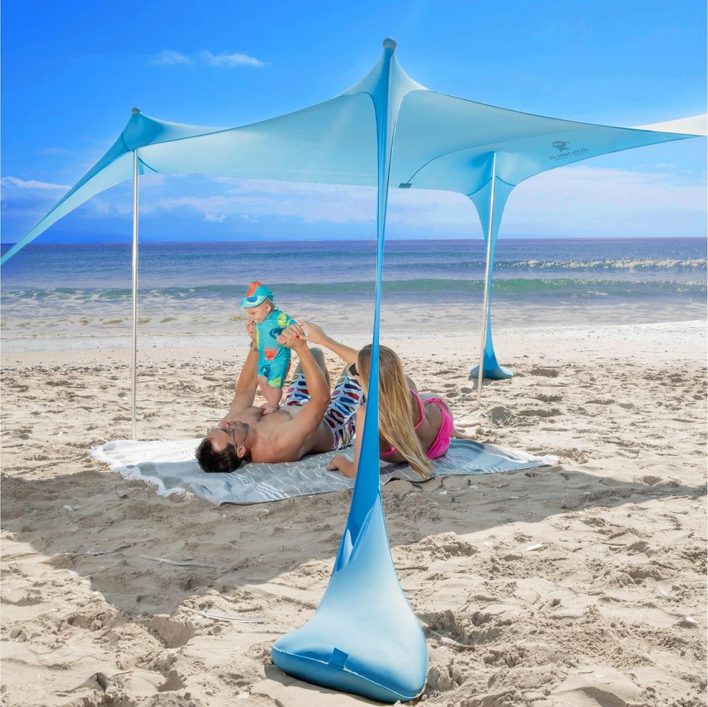SUN NINJA Strandzelt mit UPF50+ - Sonnenschutz Strand Sonnensegel mit Sandschaufel & Erdnägeln - Strandmuschel Baby UV Schutz 50 - Beach Tent