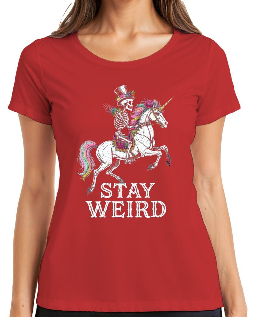 Stay Weird Skelett Einhorn Regenbogen Gothic Vintage Geschenk Damen T-Shirt, Rot, XL