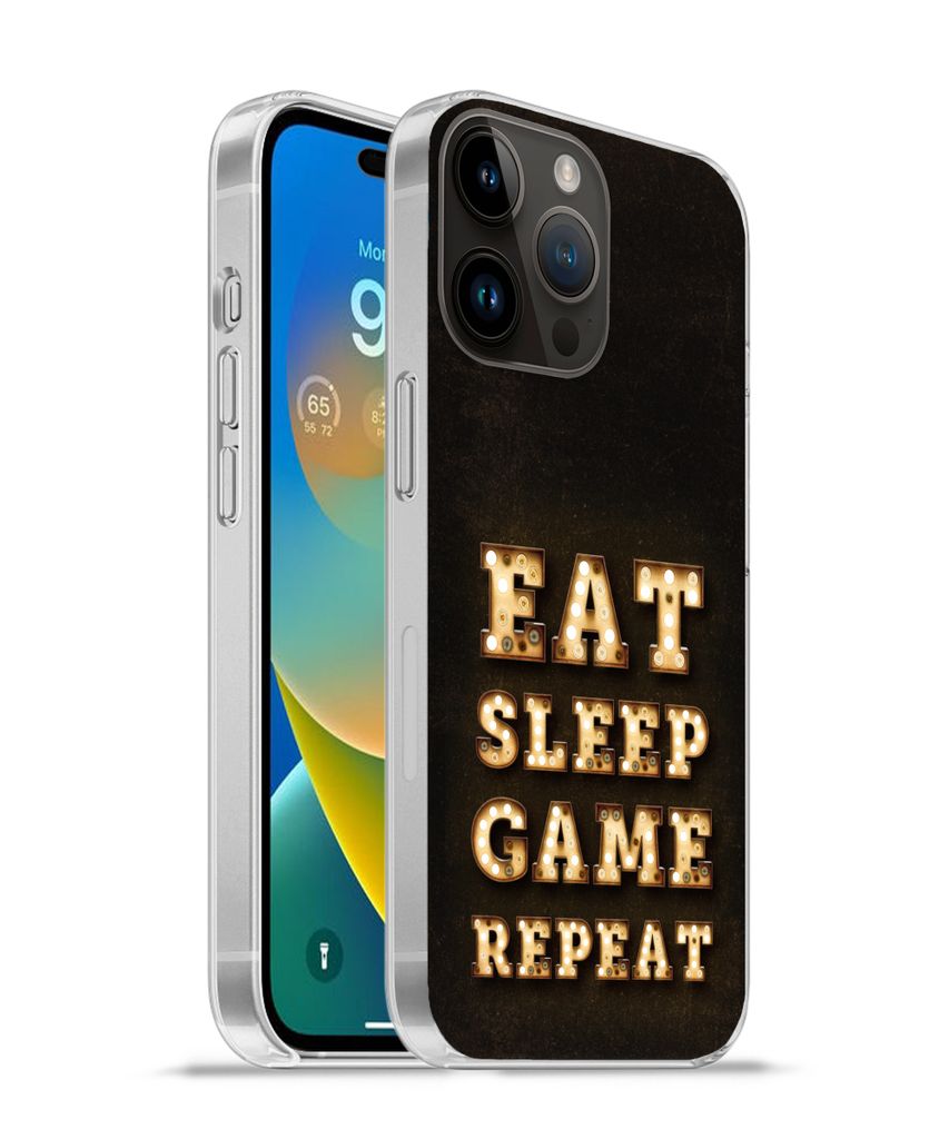 MuchoWow Handyhülle Schutzhülle Hülle für Apple iPhone 14 Pro - Softcase Spiele - Spiele - Zitate - Sprichwörter - Eat sleep game repeat Sil...