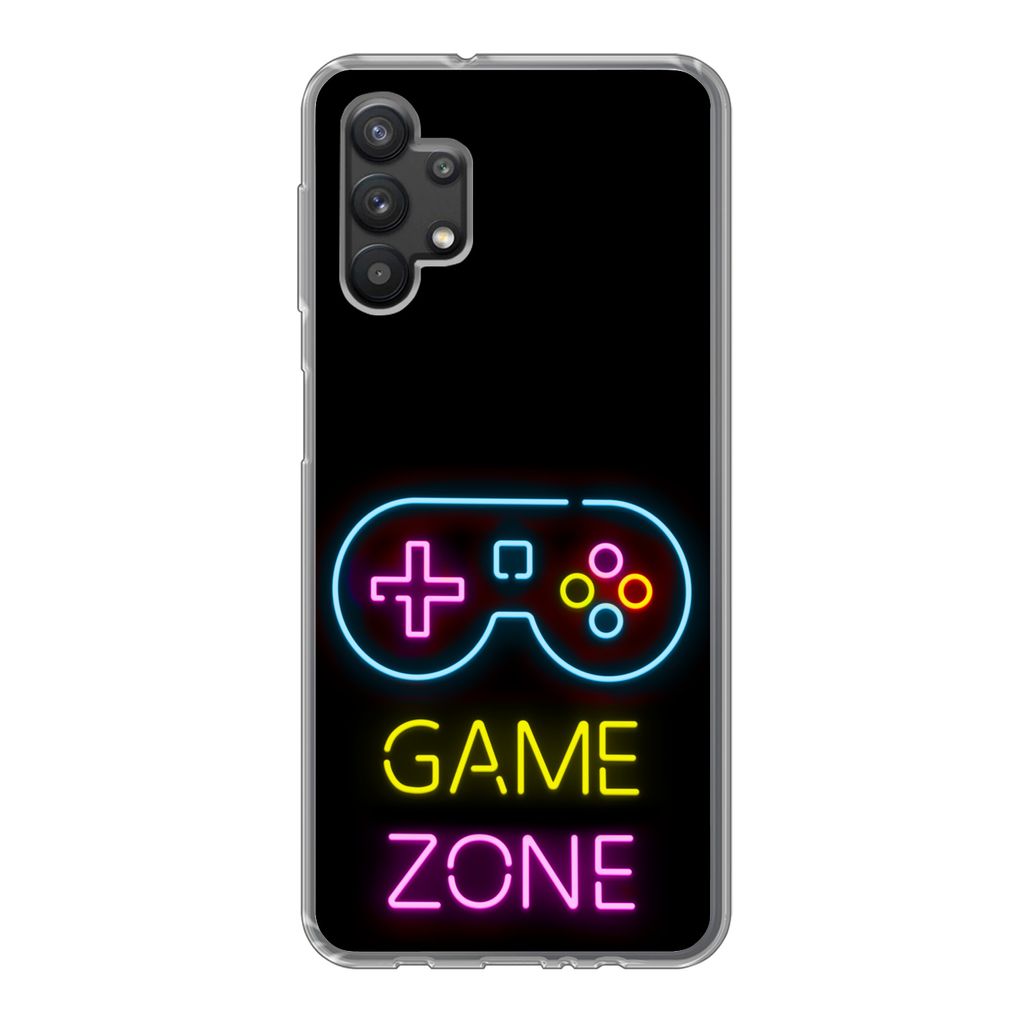 MuchoWow Handyhülle Schutzhülle Hülle für Samsung Galaxy A32 5G Controller - Spiel - Neon - Schwarz - Zitate - Spielzone Silikon Softcase Han...