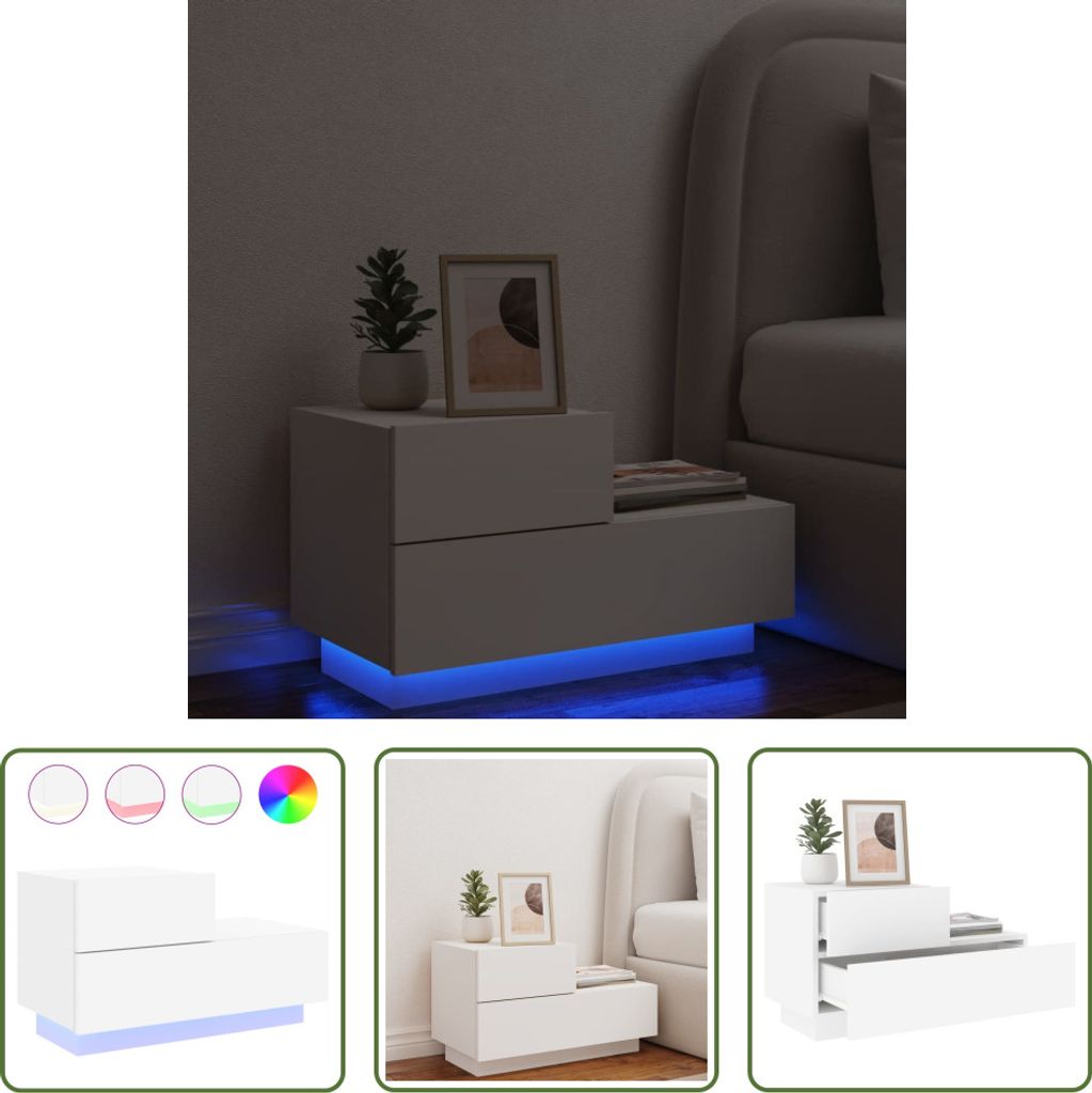The Living Store Nachttisch mit LED-Leuchten Weiß 70x36x40,5 cm