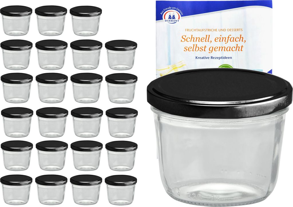 24er Set Sturzglas 230 ml To 82 schwarzer Deckel incl. Diamant-Zucker Gelierzauber Rezeptheft