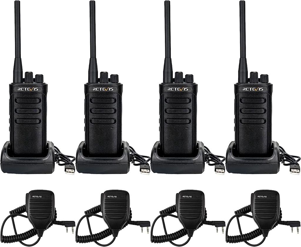Four black walkie-talkies with charging docks and four shoulder microphones are arranged in two rows on a white background.