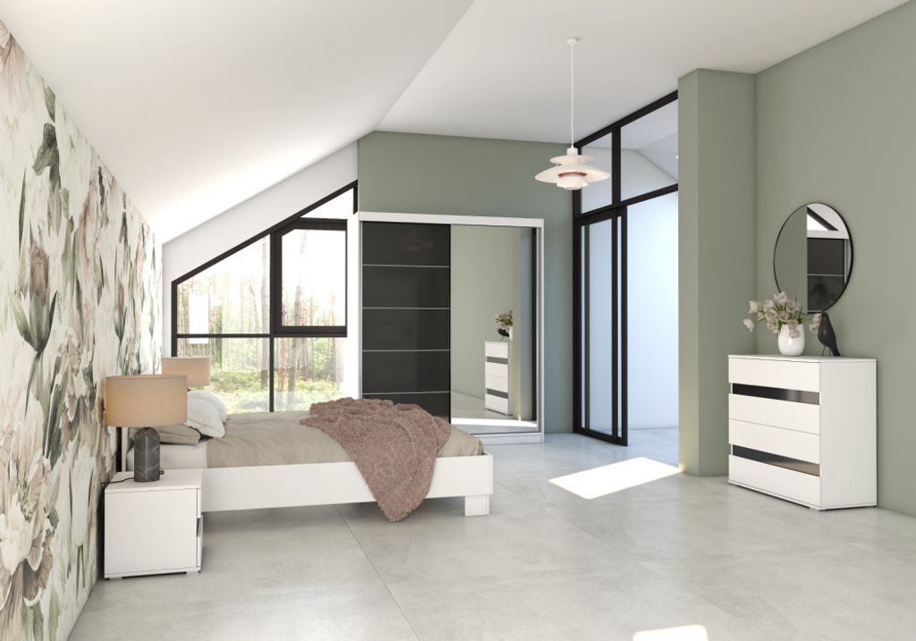 Schlafzimmer-Set Kleiderschrank MULTI 233 Bettgestell Nachttisch Kommode Weiß/Semigloss Schwarz Maxima