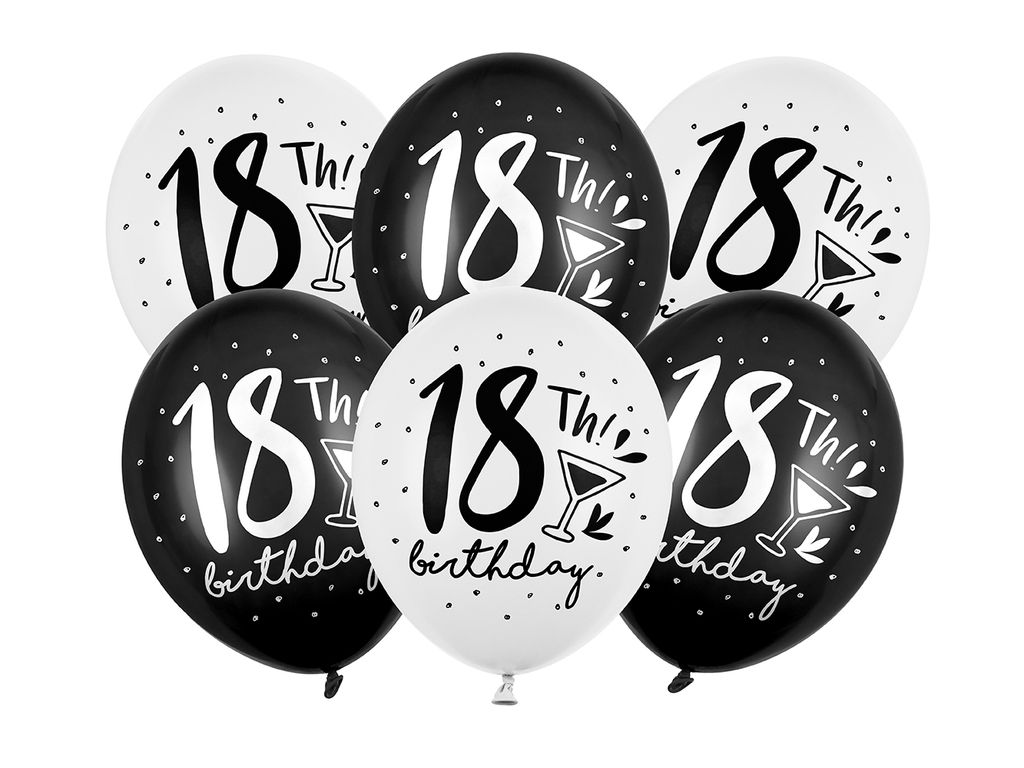 Luftballons mit Aufschrift 18th Birthday 30cm schwarz weiß 6er Set