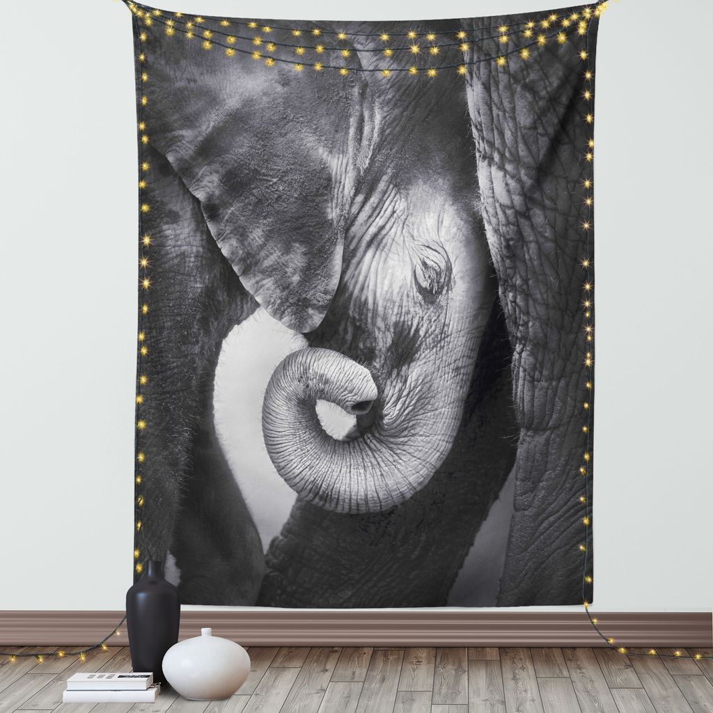ABAKUHAUS Elefant Wandteppich, Baby Elefant, Der Komfort Gegen Mutter Einfarbiges Kunst Porträt Sucht, Wohnzimmer Schlafzimmer Seidiger Satin Wand...