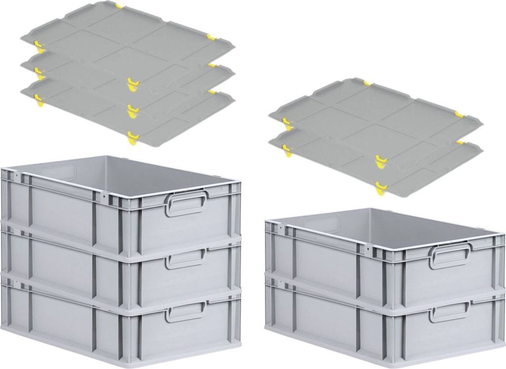 SuperSparSet 5x Eurobox NextGen Grip mit Auflagedeckel inkl. 4 gelben Schiebeschnappverschlüssen | HxBxT 17x40x60cm | 34 Liter | Griffe geschlosse...