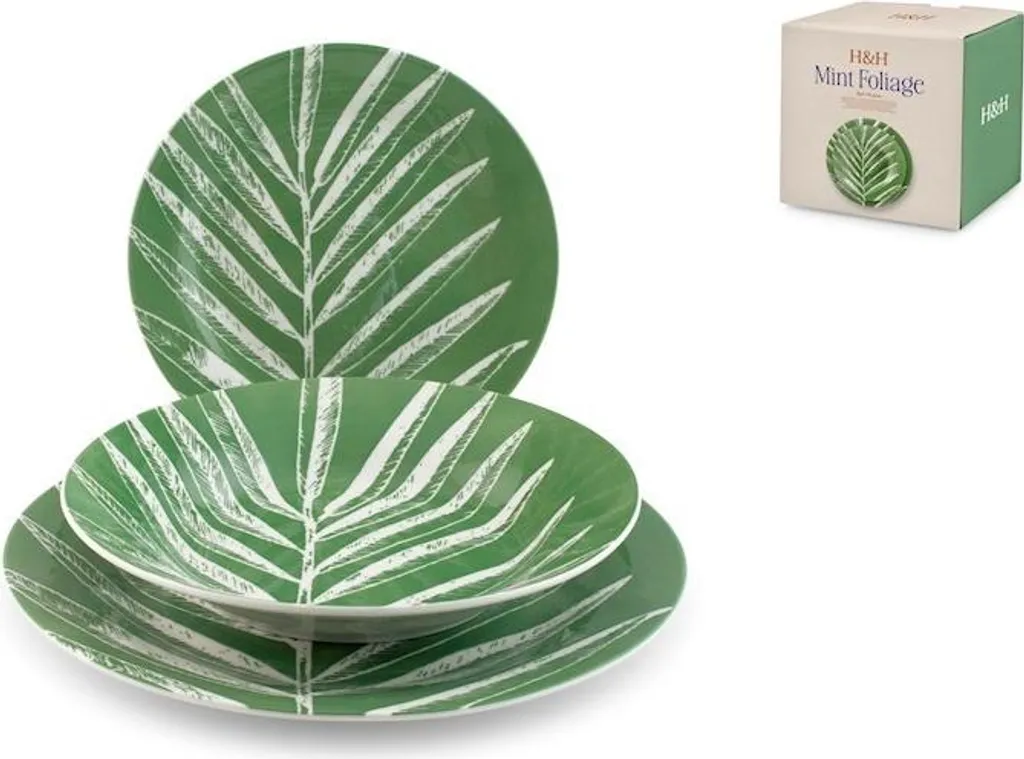 Servizio di porcellana da 18 pezzi con decorazione a foglie color menta.
