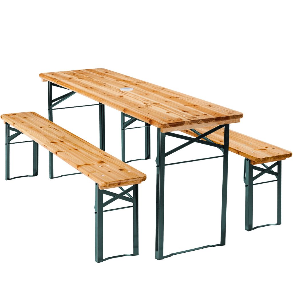 A wooden picnic table and two benches on a white background.