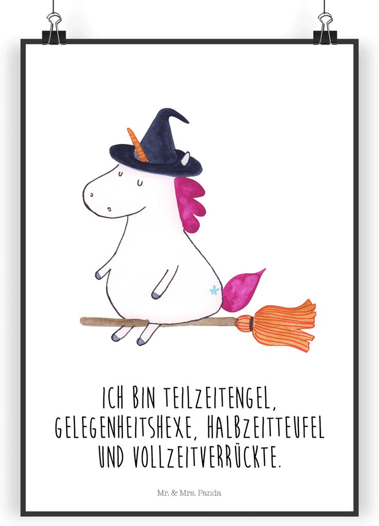 Mr. & Mrs. Panda Bild Einhorn Hexe DIN A4 - Weiß - Geschenk, Unicorn, Wandbild, Teufel, drucke, Deko, Plakat, Einhörner, wanddeko, Leben, Frau