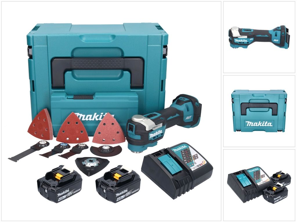 Makita DTM 52 RMJX4 Akku Multifunktionswerkzeug 18 V Starlock Max Brushless + 2x Akku 4,0 Ah + Ladegerät + Zubehör Set + Makpac