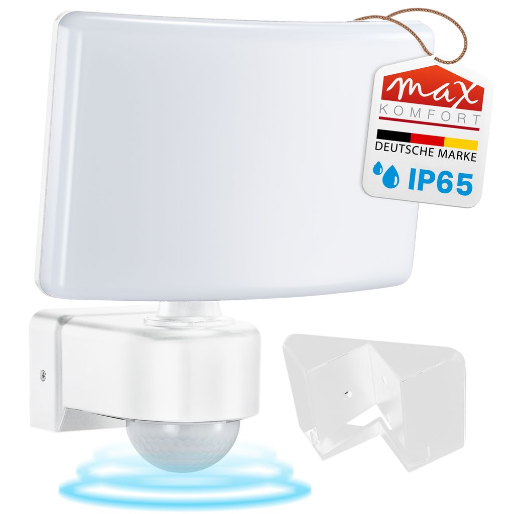 A white LED outdoor light with a motion sensor and an additional mounting bracket, shown against a white background.